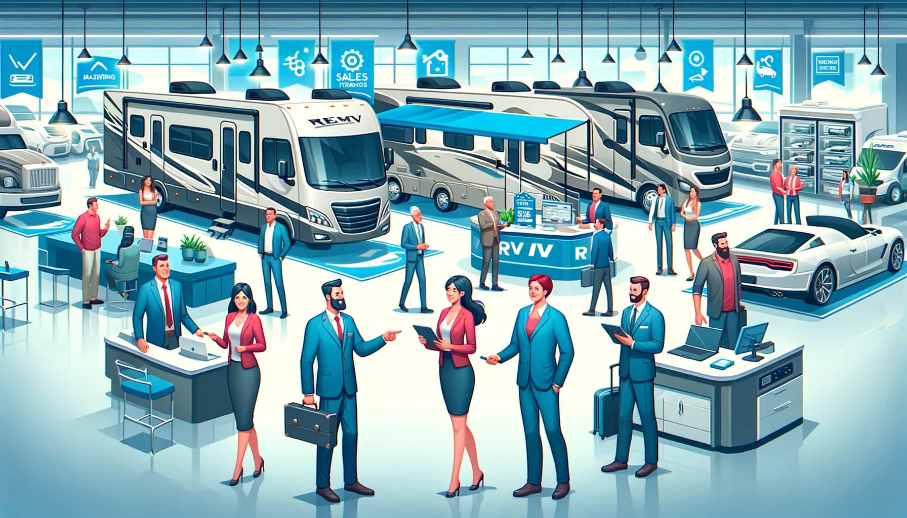 RV salesperson walking a family through a motorhome interior while referencing a tablet