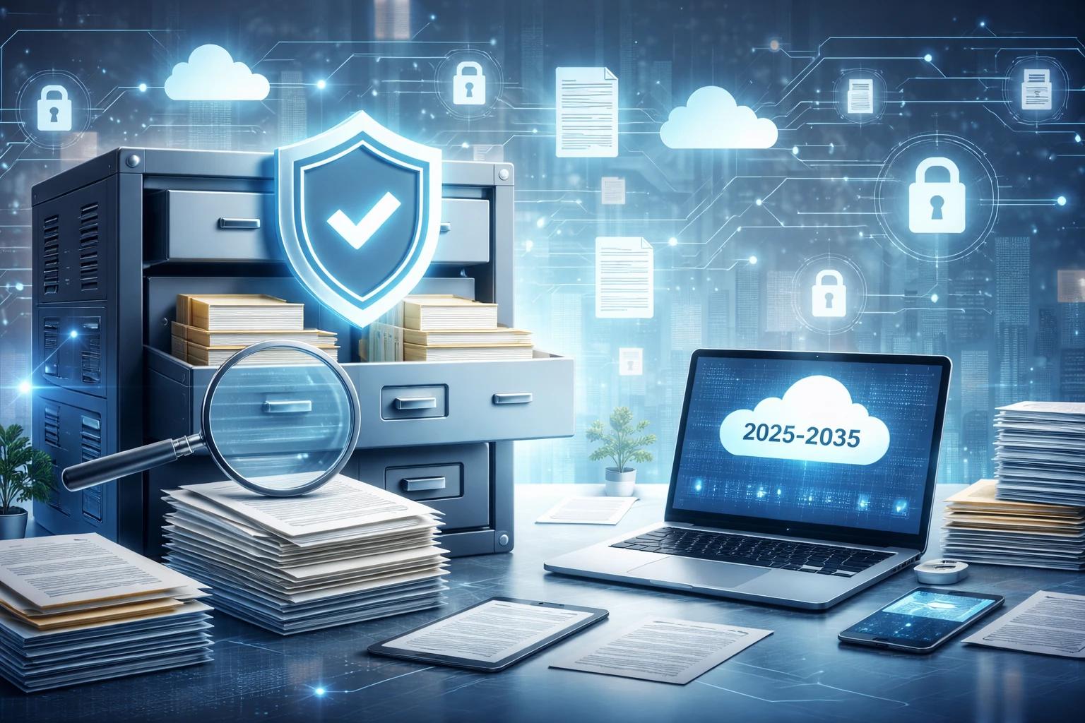 Compliance director reviewing long-term document storage dashboard