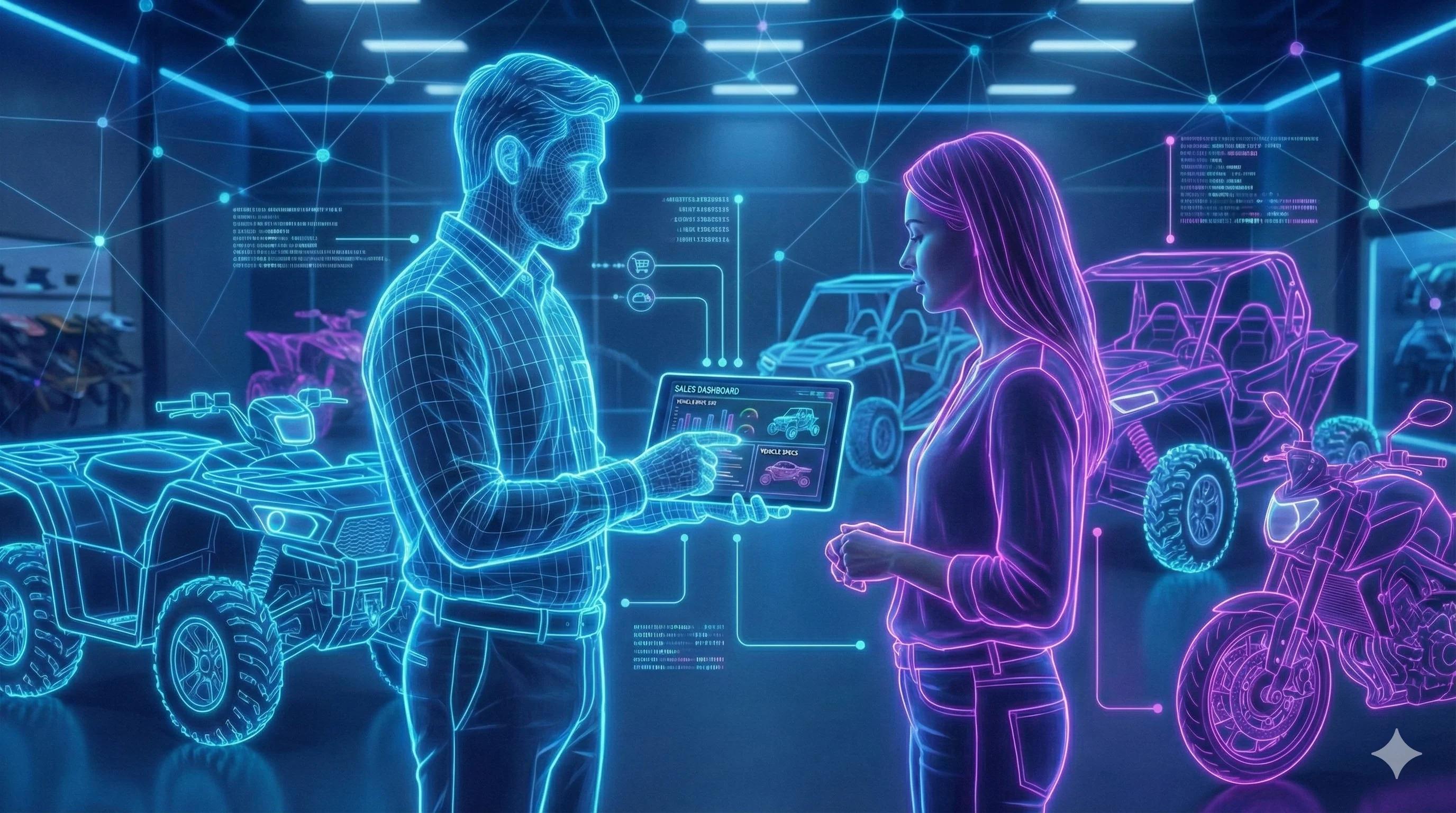 Photo of sales person using tablet with customer in showroom