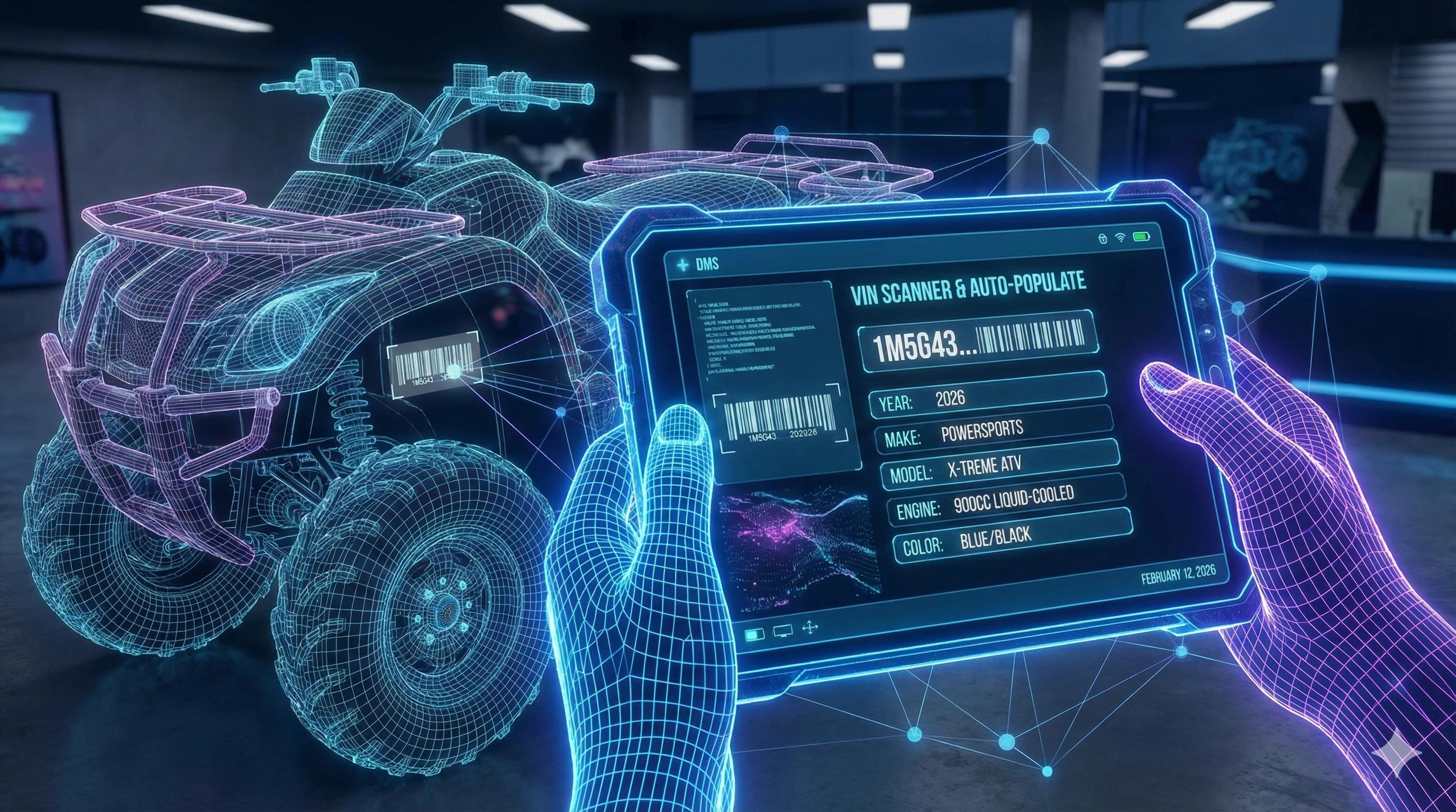 Sales manager using mobile tablet to decode VIN and automatically populate inventory data with modern DMS interface