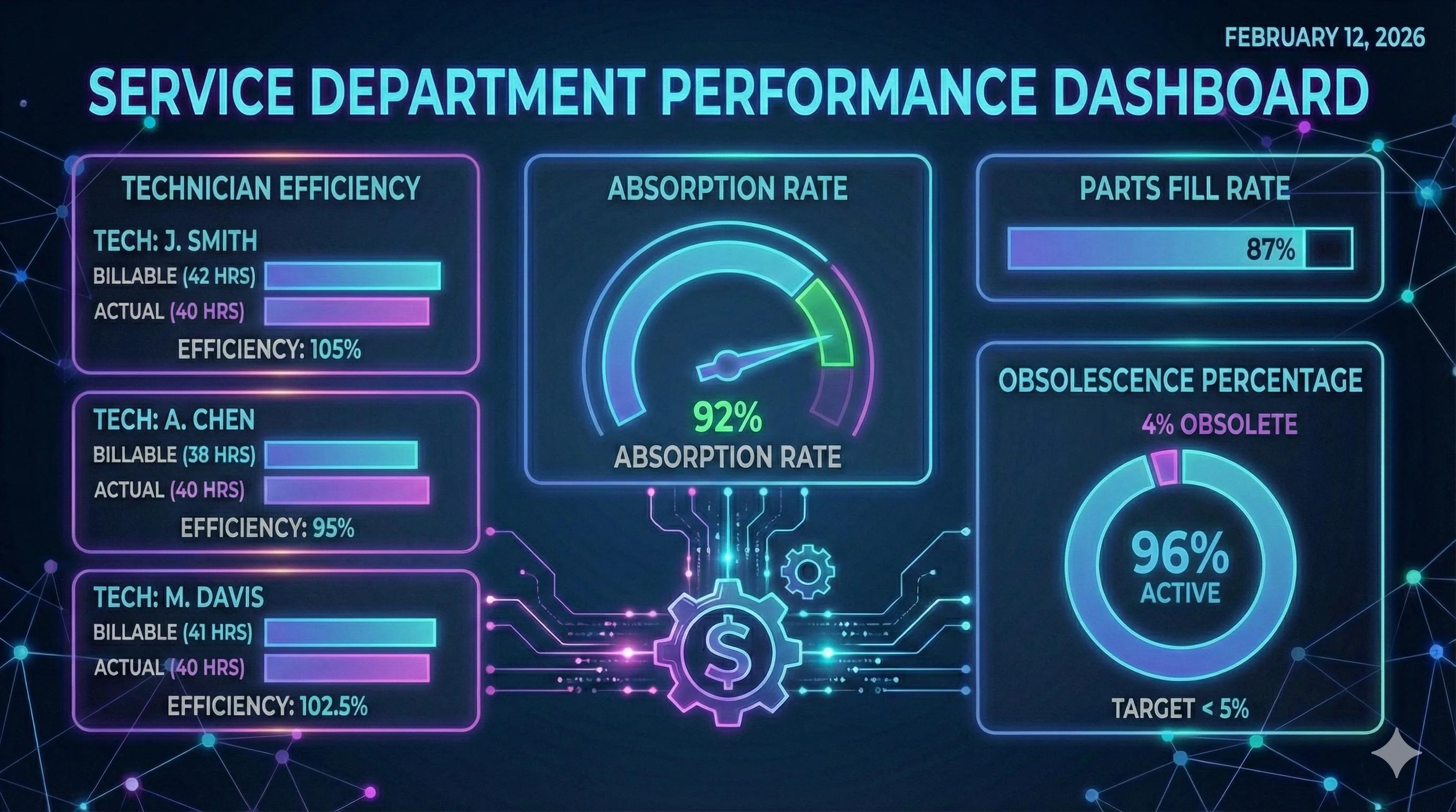 Service department dashboard showing absorption rate gauge, technician efficiency cards, parts fill rate, and obsolescence percentage