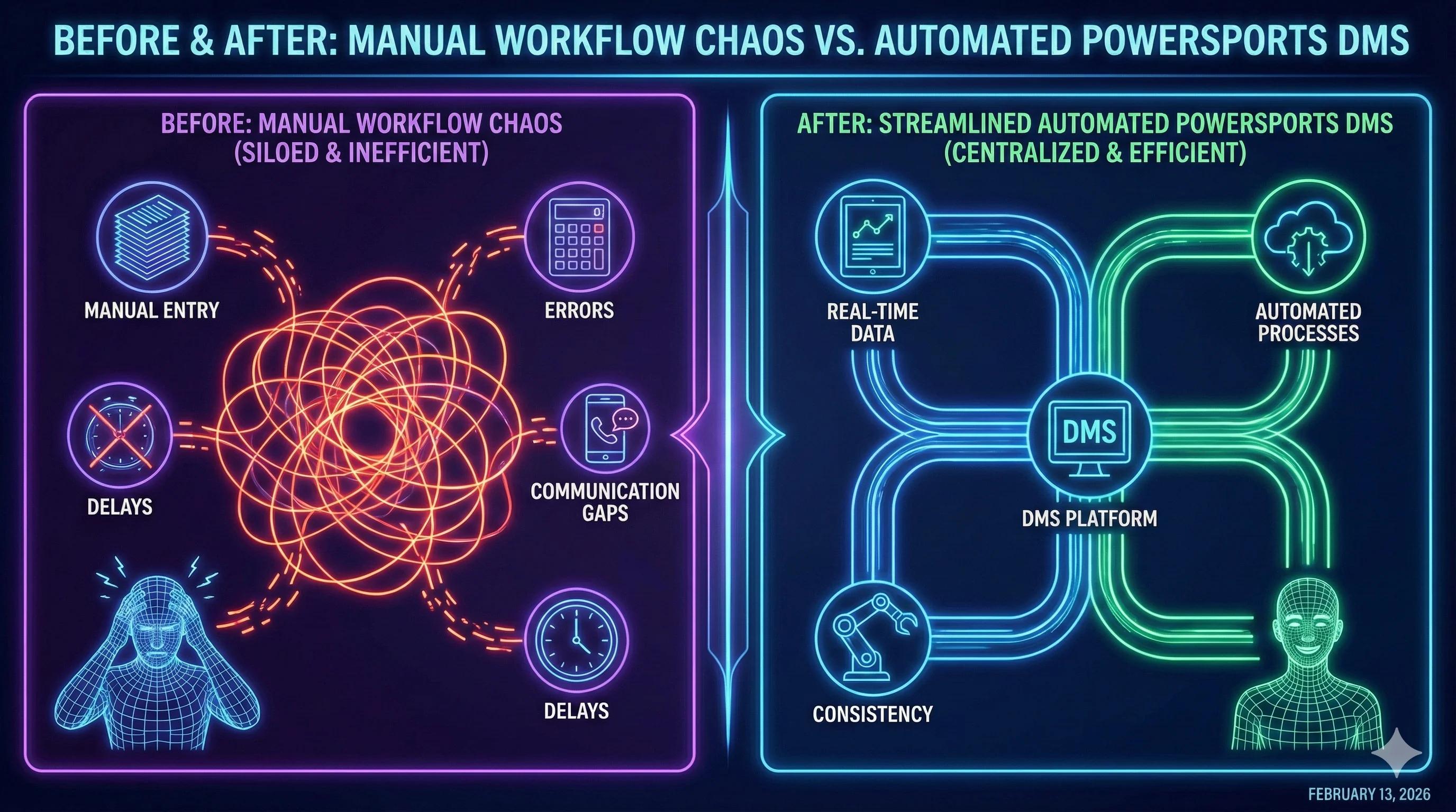 Before and after comparison showing manual workflow chaos versus streamlined automated powersports DMS