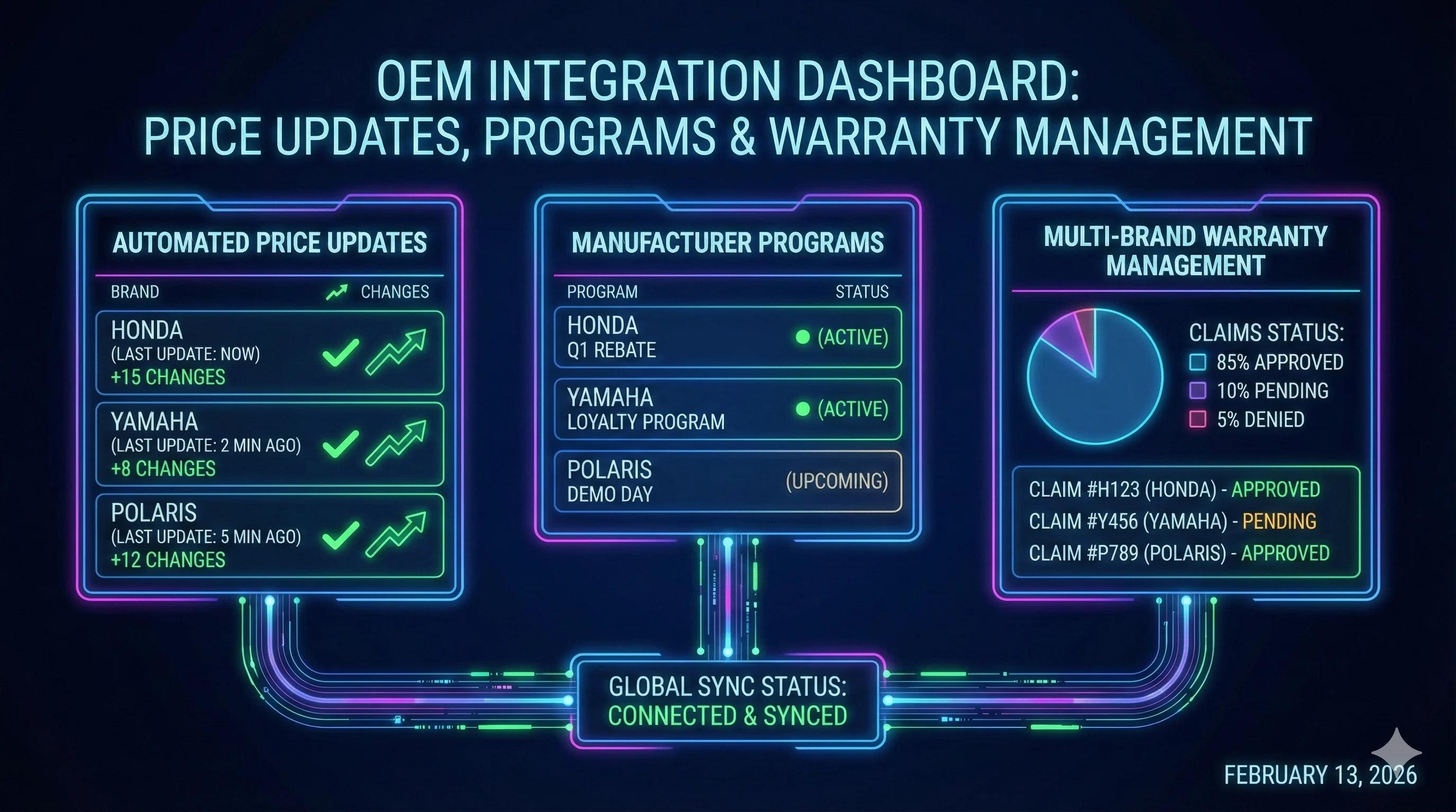 OEM integration dashboard showing automated price updates, manufacturer programs, and multi-brand warranty management