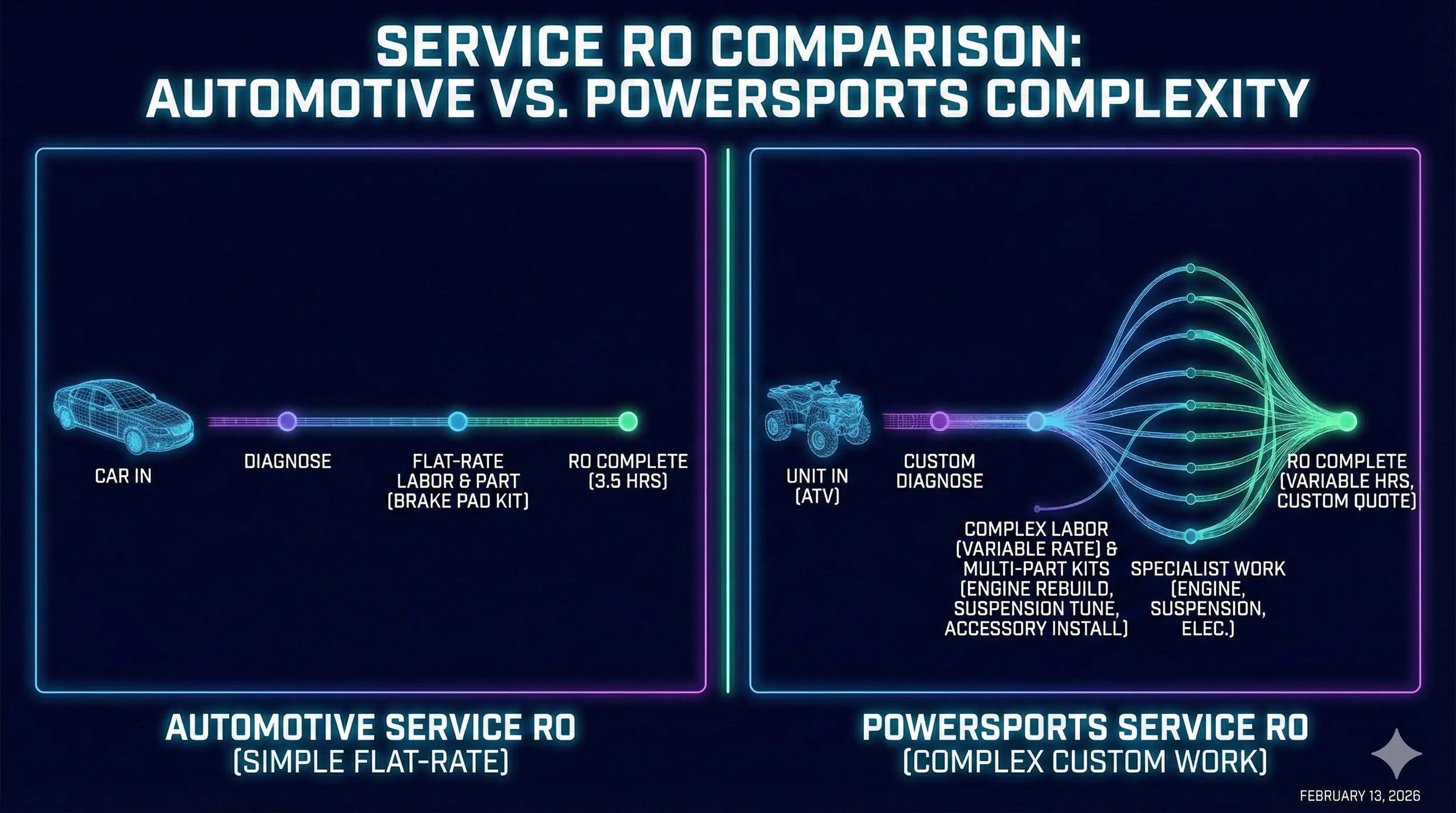 Service RO comparison showing automotive flat-rate simplicity versus powersports custom work complexity