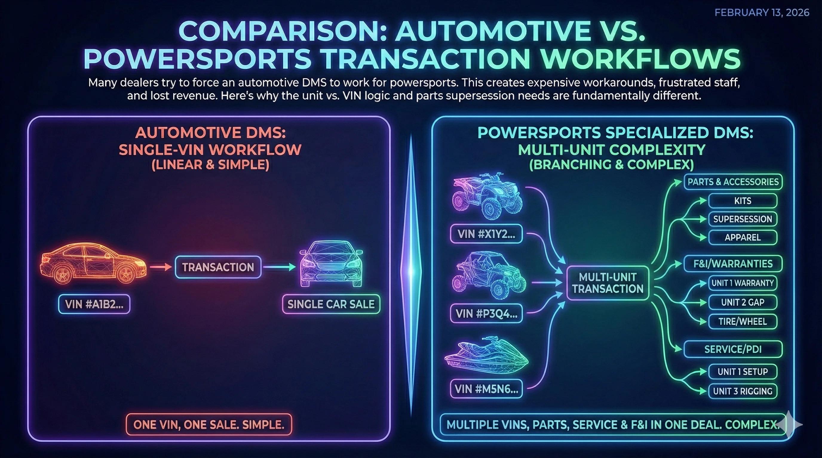 Comparison diagram showing automotive DMS single-VIN workflow versus powersports multi-unit transaction complexity