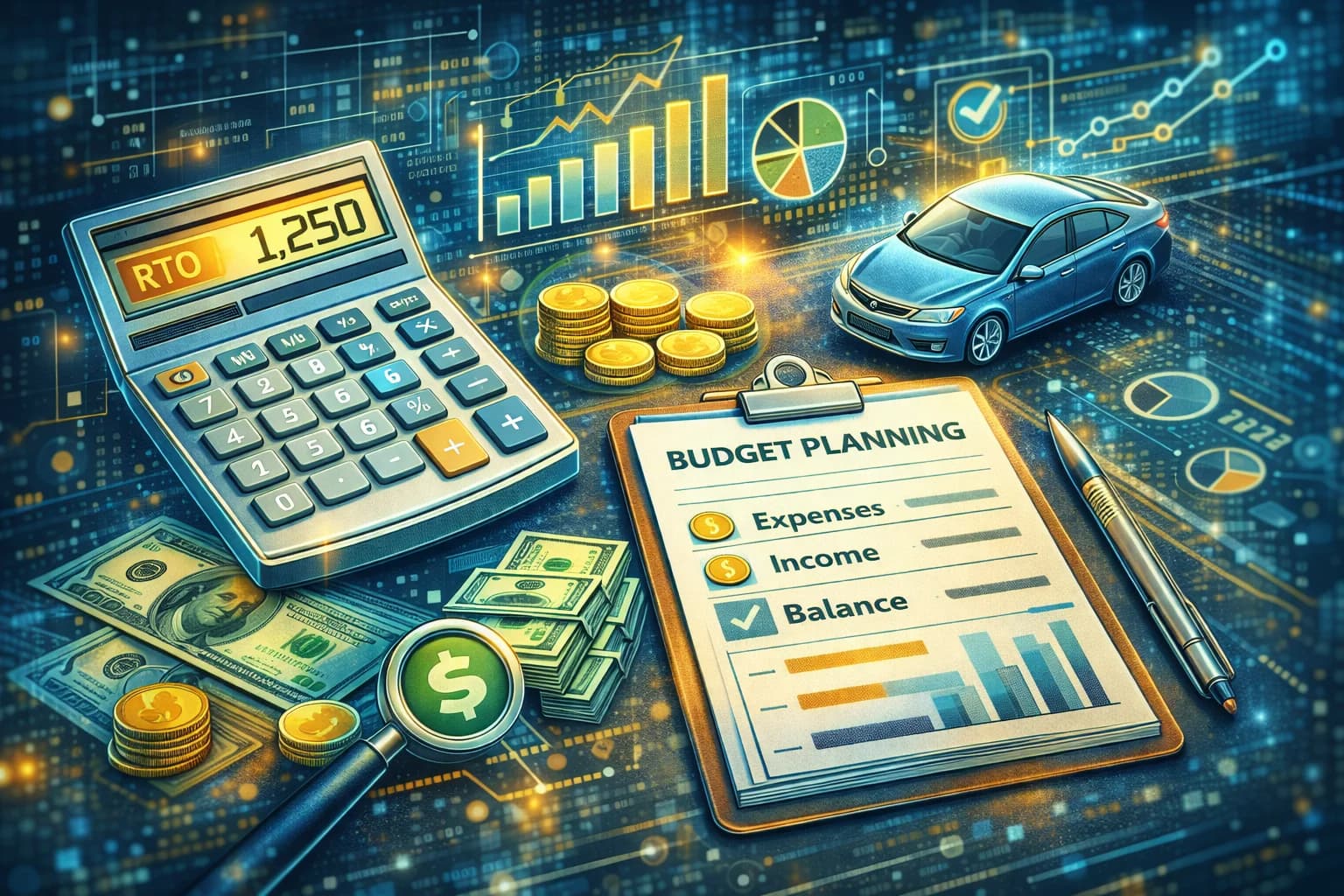 Overhead view of a desk with a calculator, financial documents, and a small RTO car model, symbolizing budget planning