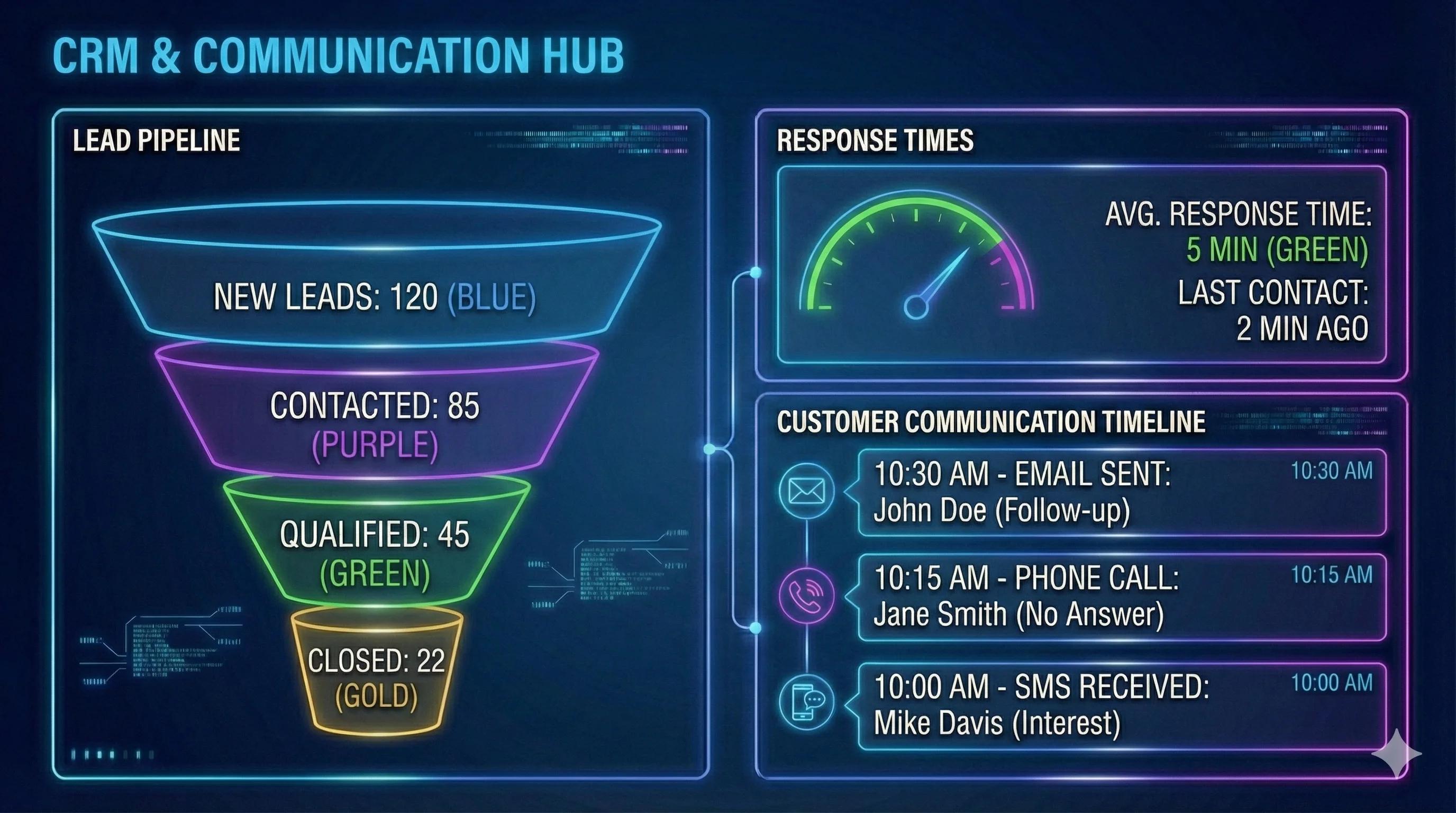 Screenshot of CRM dashboard showing lead pipeline, response times, and customer communication timeline