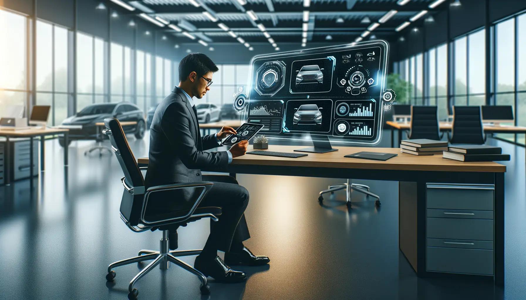 Sales manager reviewing dealer management dashboards on a tablet in the showroom