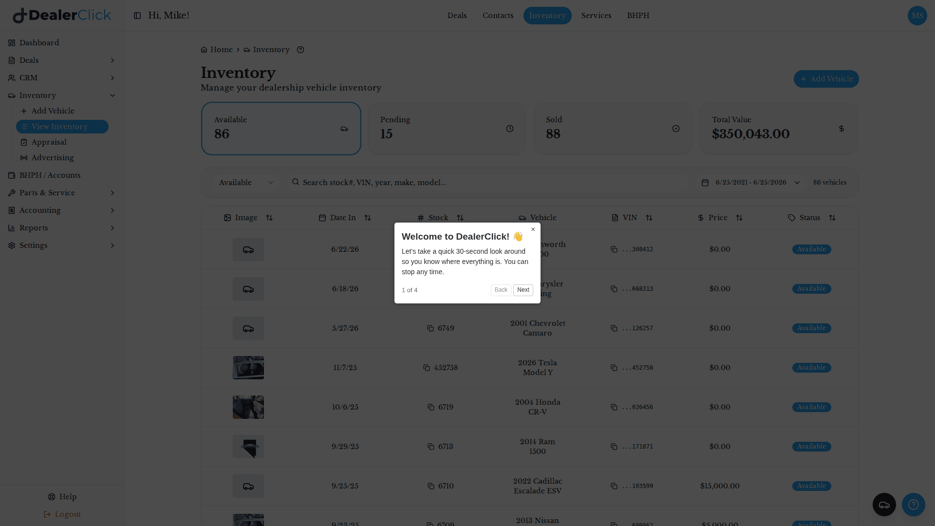 DealerClick inventory screen showing a list of used vehicles with stock details, part of the single connected system that links inventory to deals, CRM, and payments.
