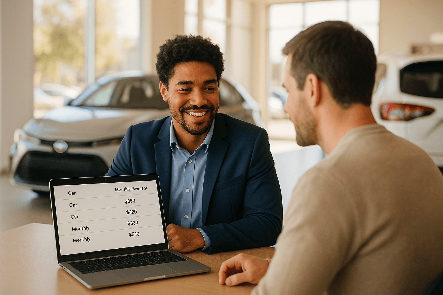 A salesperson and a car shopper reviewing a list of vehicles and estimated monthly payments together on a laptop in a dealership showroom.